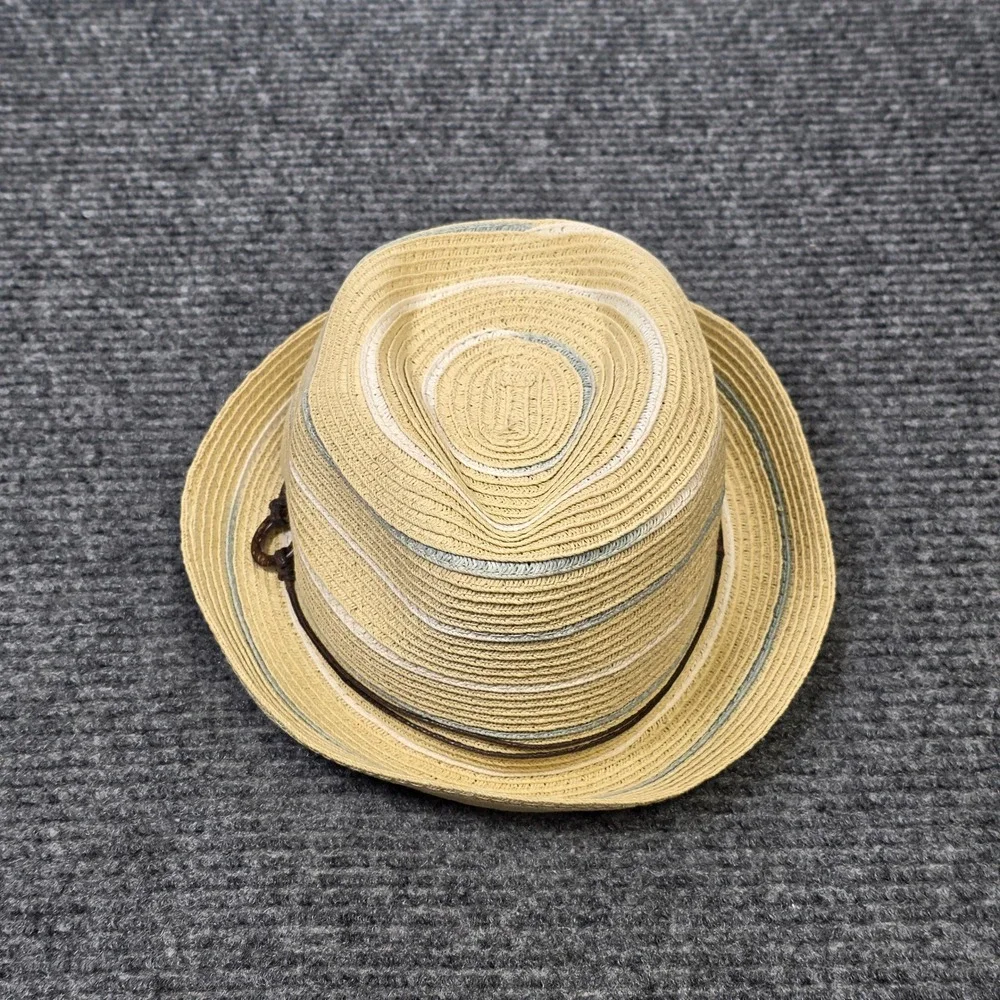C.C Exclusives Straw Fedora Hat Women's Beige Blue Striped Summer Beach Sun Hat